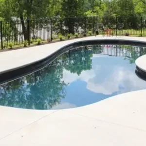 Freeform fiberglass pool with volcanic black finish and smooth concrete deck next to a waterfront property in Lakehurst, NJ by Gorlin Pools