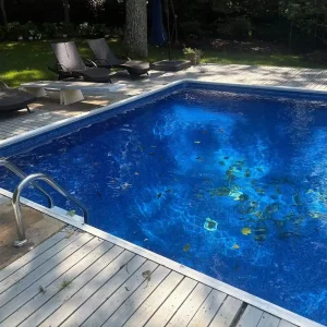 Rectangular pool with leaves and debris floating in water, stainless steel handrail, and wood deck with lounge chairs in New Jersey by Gorlin Pools