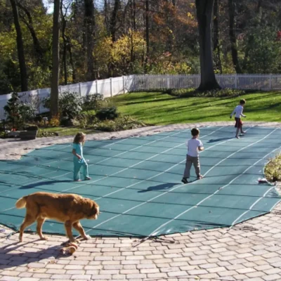 Children and dog playing safely on a green mesh pool safety cover over inground pool in NJ – Gorlin Pools